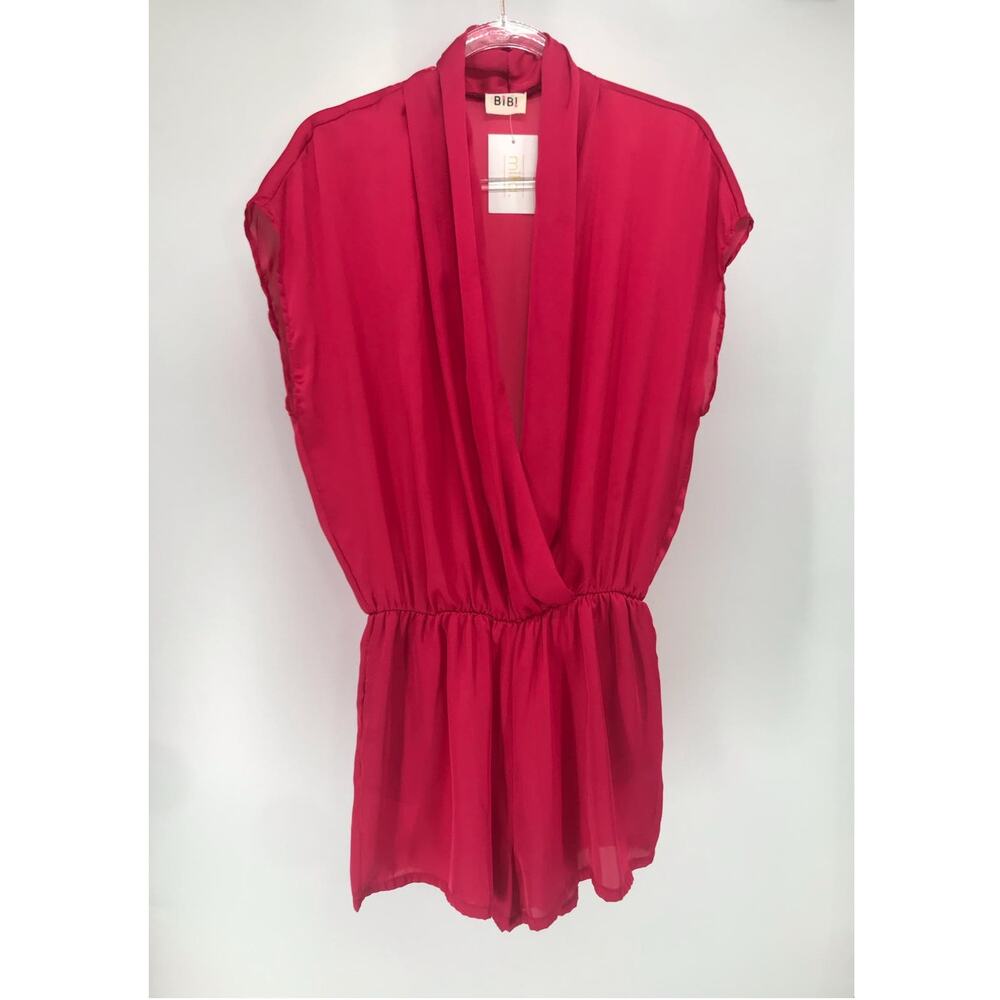 BiBi Pink Satin Deep V-Neck Cap Sleeve Wrap Romper Womens Large